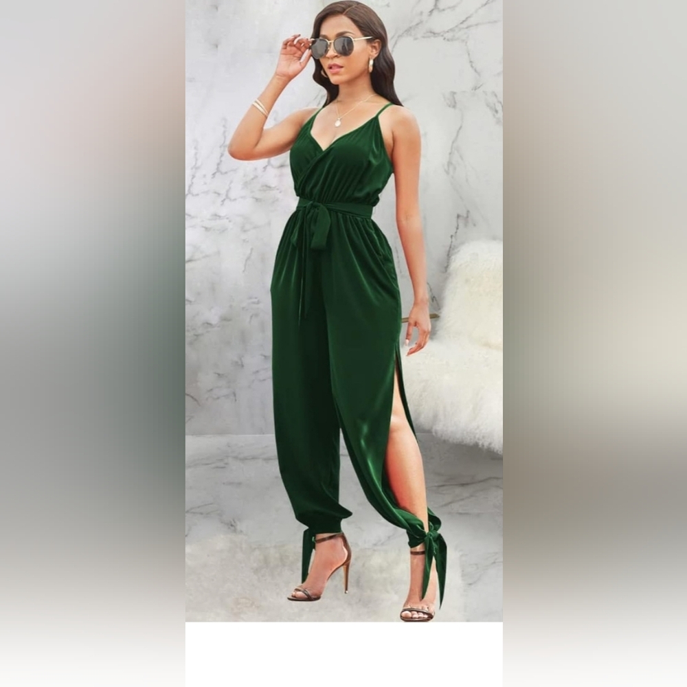 Women Spaghetti Strap Wide Leg Split Long Pants Loose Fit Rompers